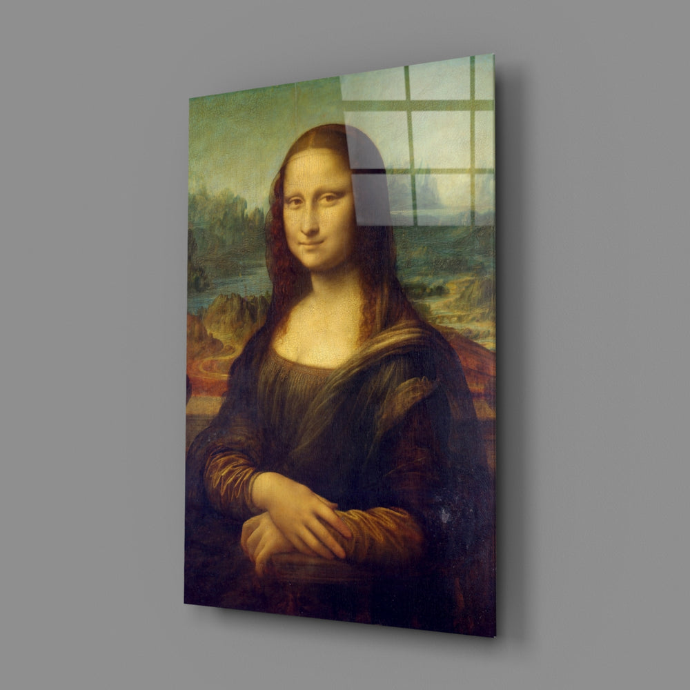 Close-up detail of Mona Lisa's quiet smile and sage landscape