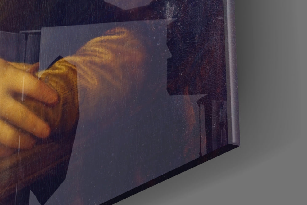 Mona Lisa panel catching gallery light to reveal its tactile glaze