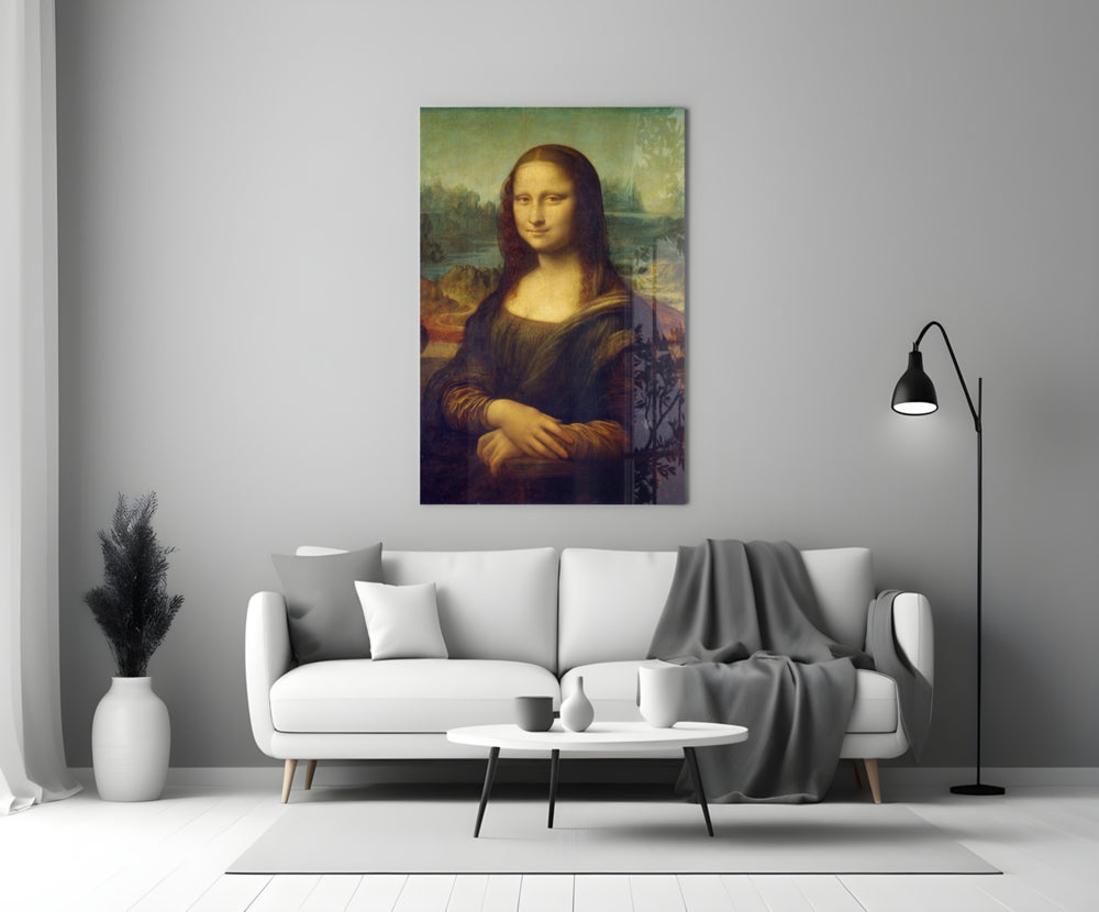 Mona Lisa glass wall art styled above a console in a designer interior