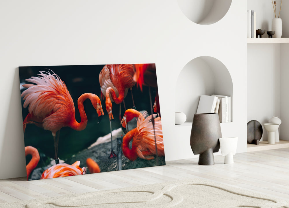 Flamingos glass wall art styled above a vanity in a powder room