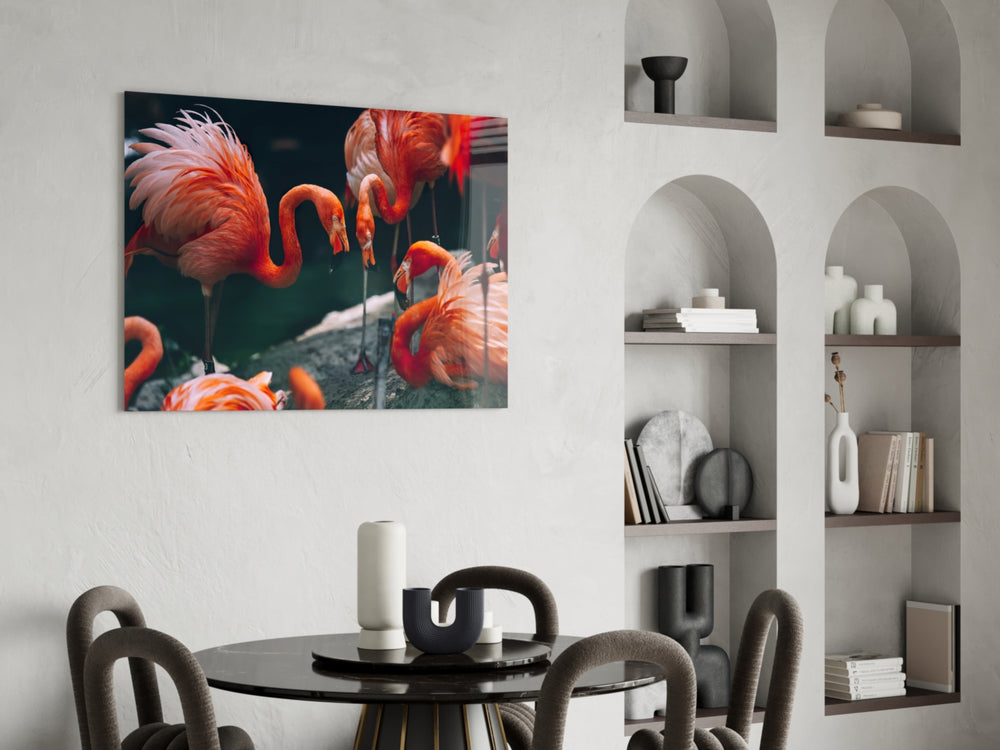 Flamingos glass print enhancing a foyer with editorial drama