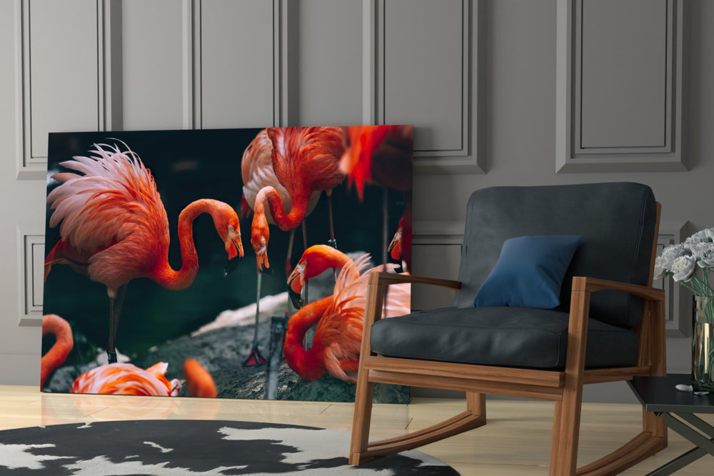 Flamingos artwork anchoring a wall with bold tropical palette