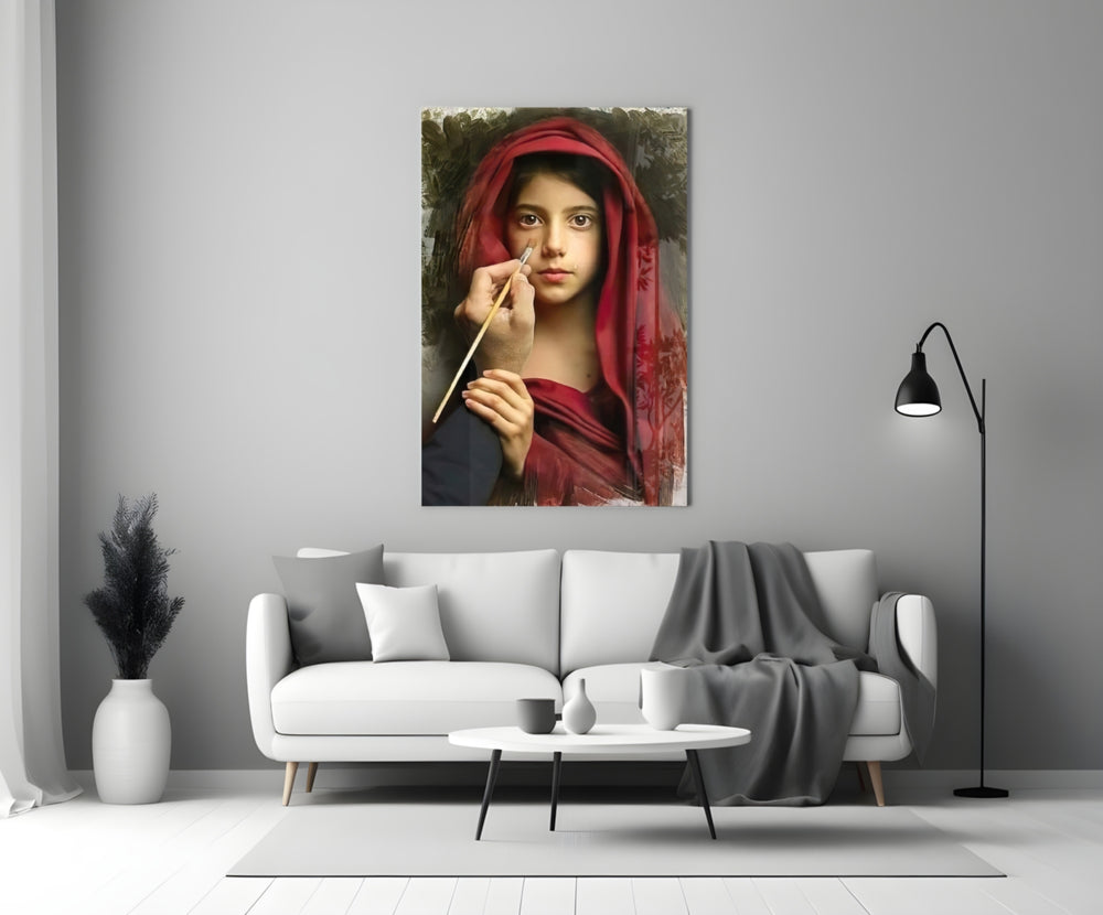 Portrait glass wall art styled above a console in a study