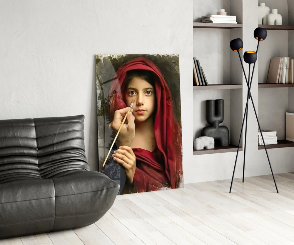 Portrait glass print enhancing a dining room with editorial drama