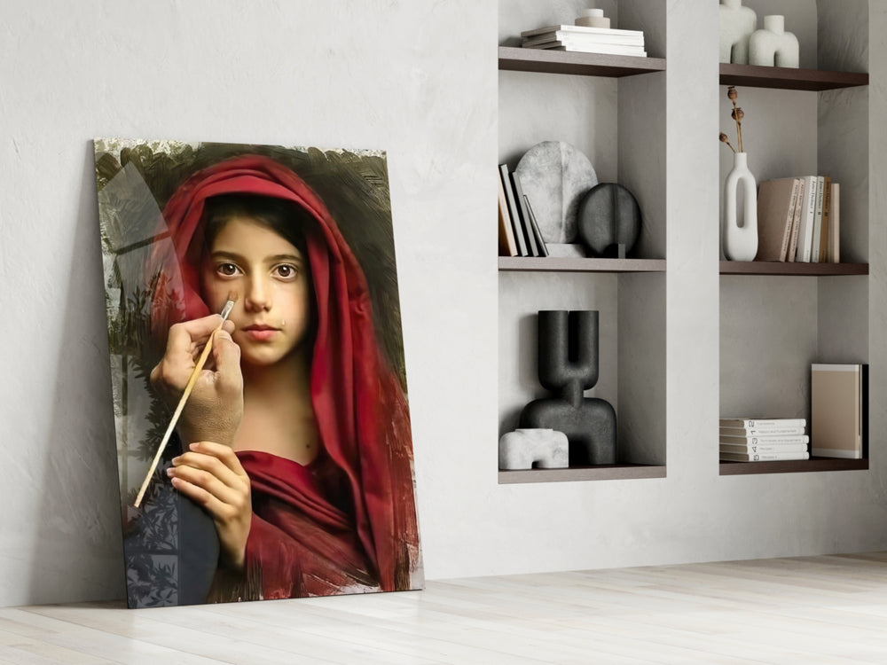 Portrait artwork anchoring a wall with moody classical palette