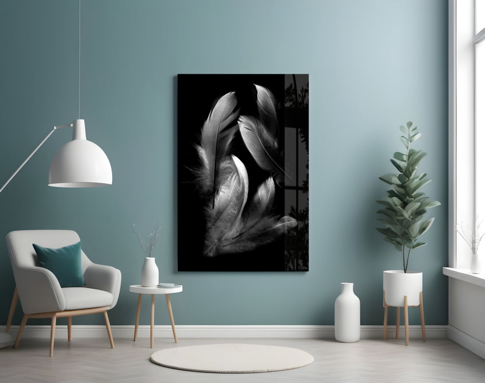 Feather panel adding editorial mood to a powder room