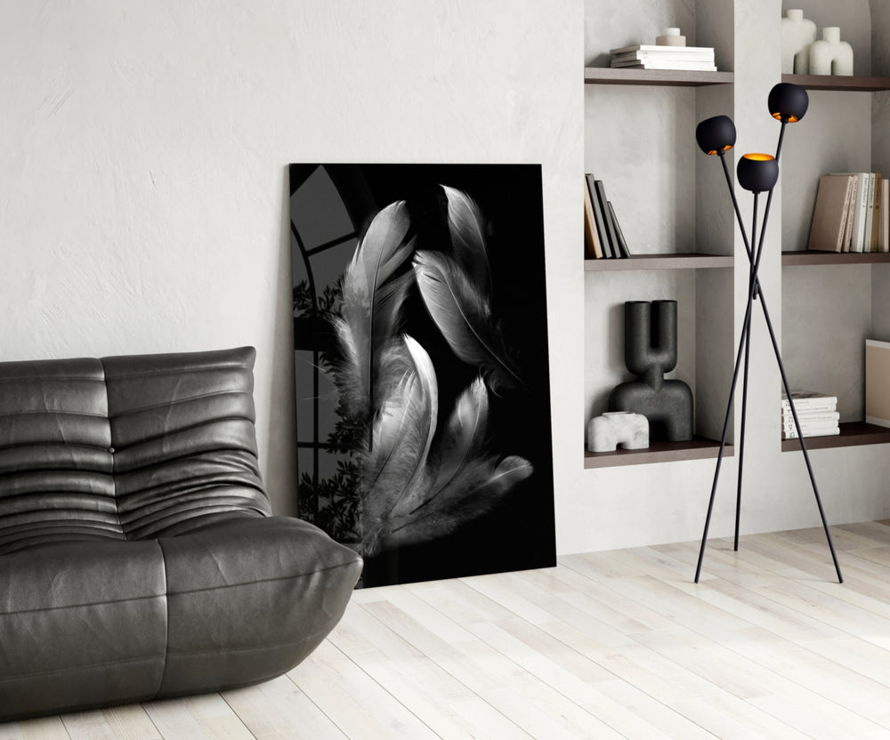 Feather glass print enhancing a meditation corner with quiet drama