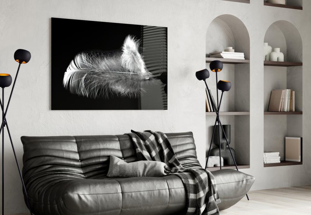 Feather panel adding editorial mood to a powder room