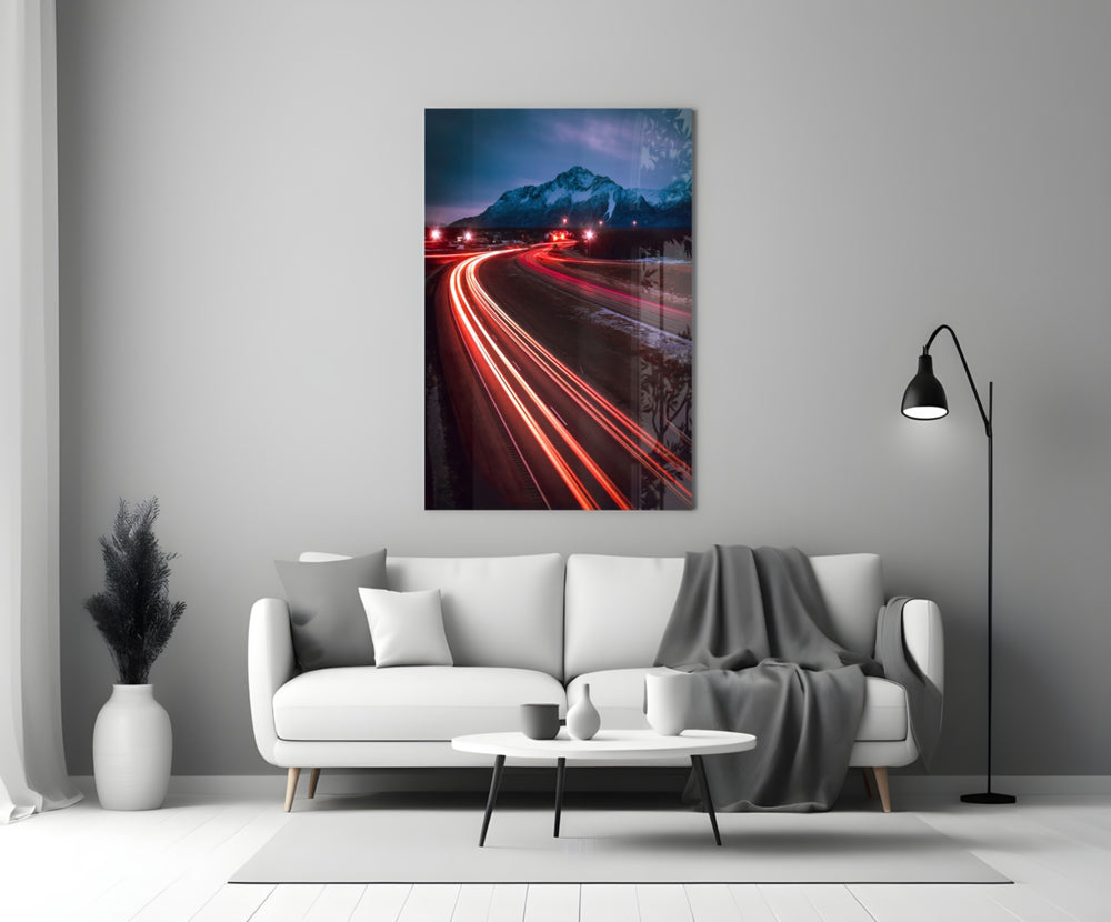 Road glass wall art styled above a desk in a man's office