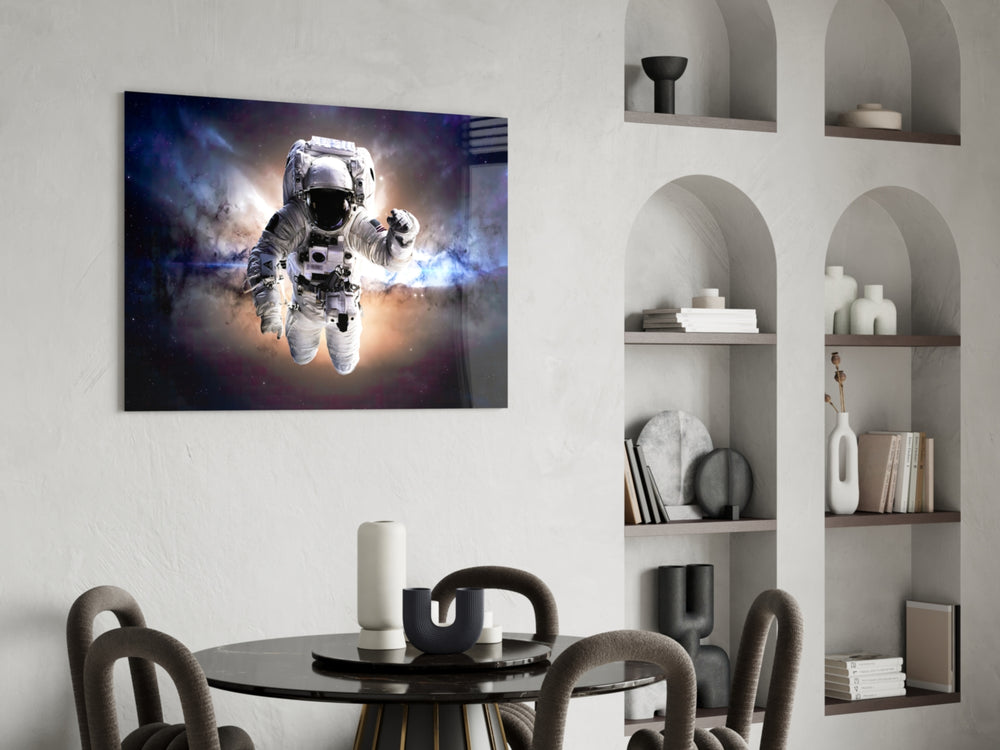 Astronaut glass print enhancing a creative office with cinematic drama