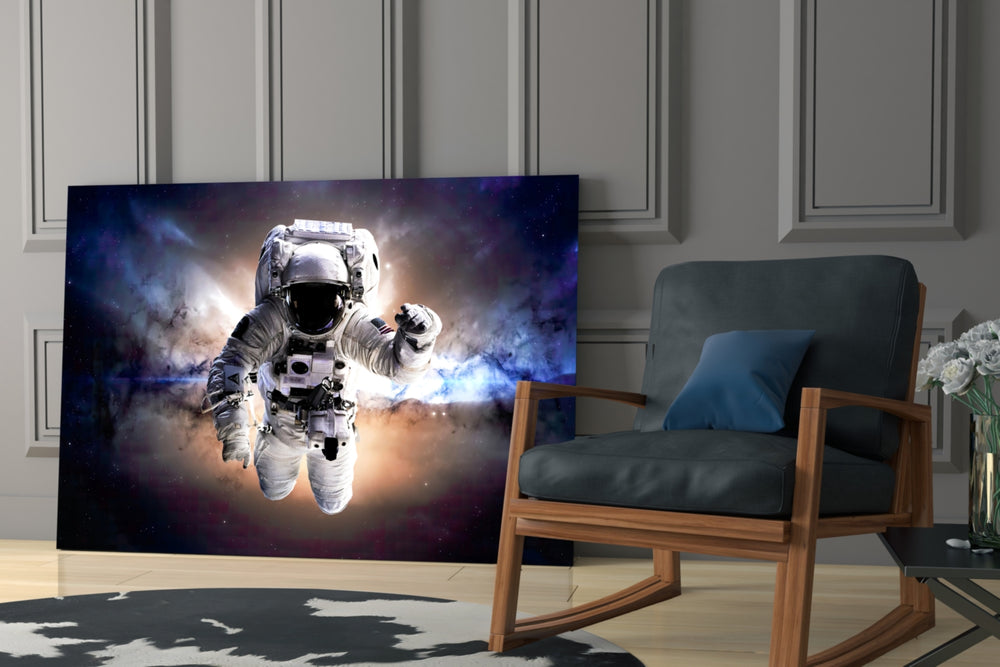 Astronaut artwork anchoring a wall with bold futurist palette