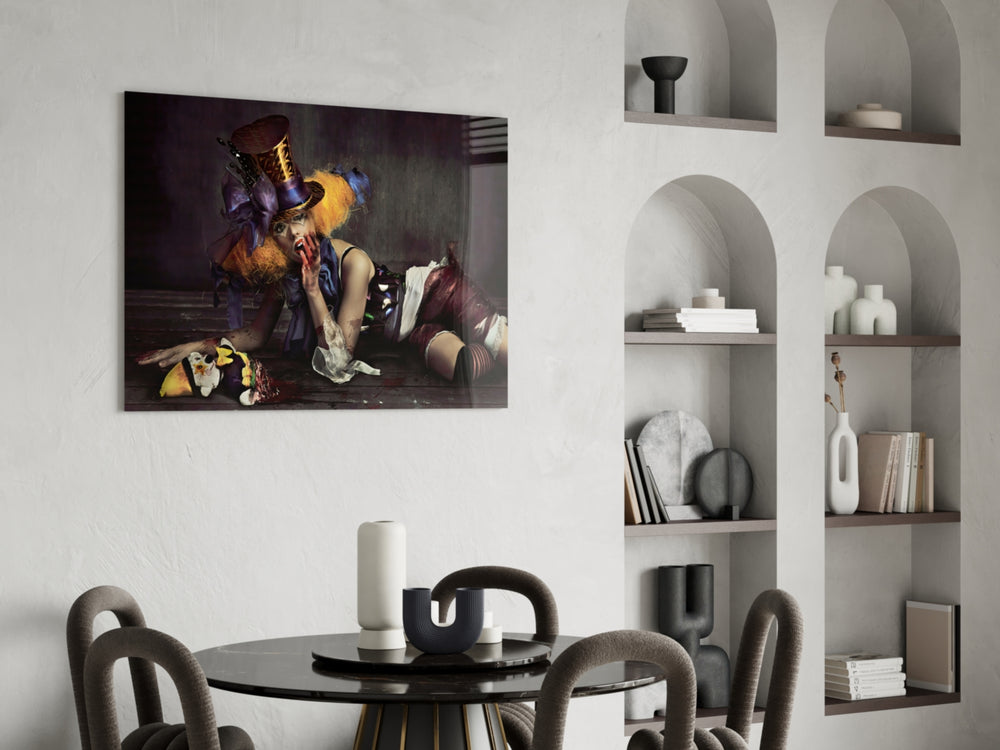 Hatter glass print enhancing a foyer with cinematic drama