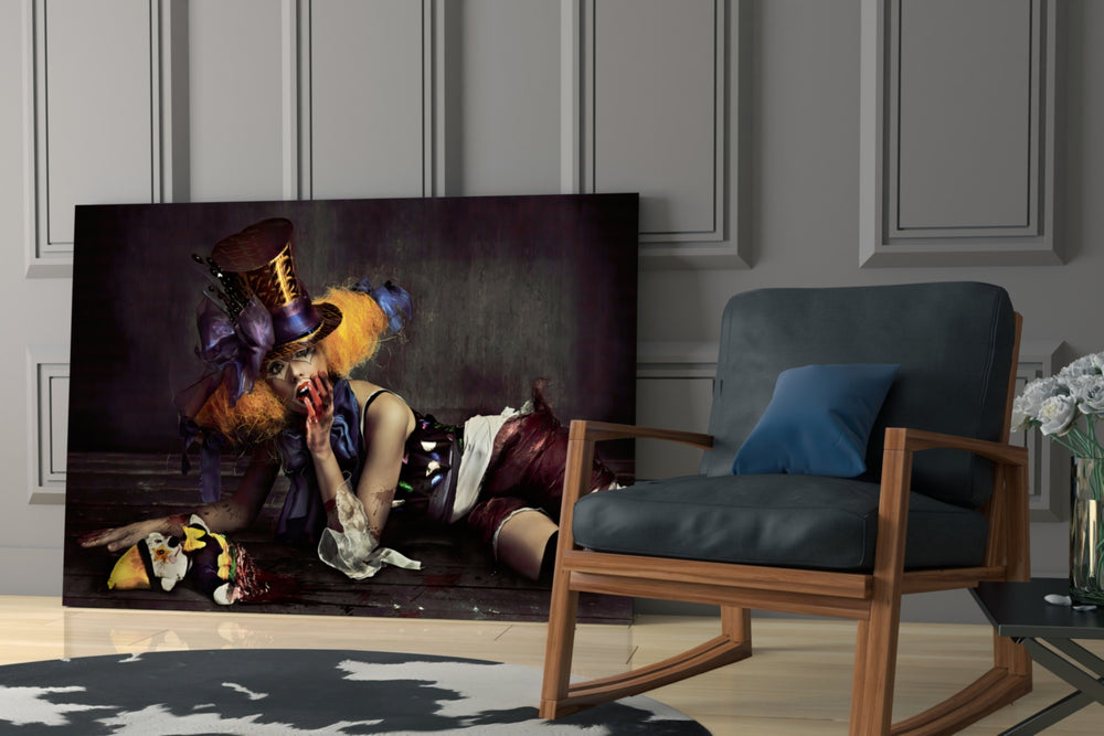 Hatter artwork anchoring a wall with moody theatrical palette