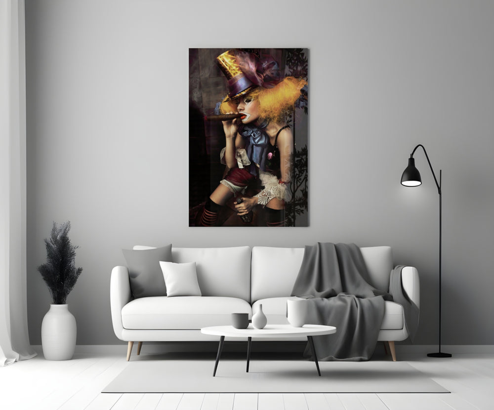 Cigar Hatter glass wall art styled above a desk in a man's office