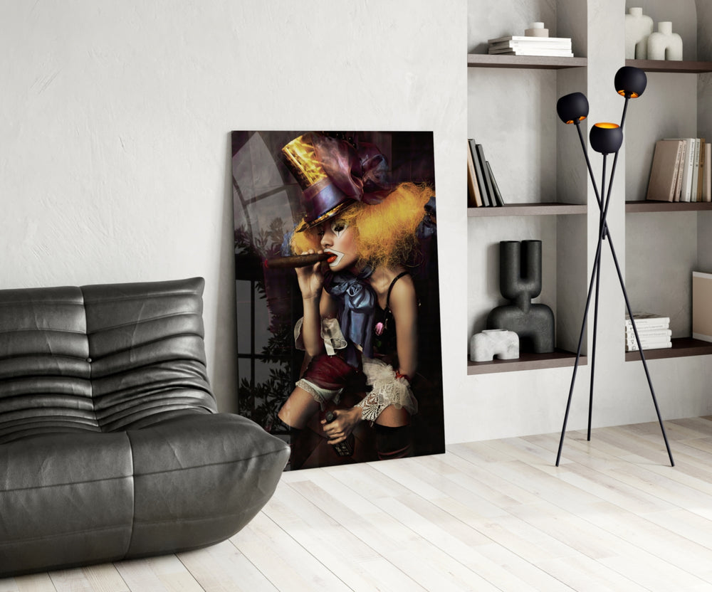 Cigar Hatter glass print enhancing a creative office with cinematic drama