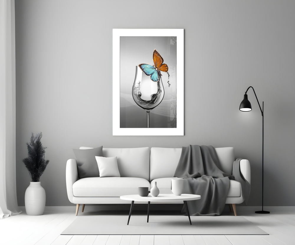 Wine Butterfly glass wall art styled above a sideboard in a dining room