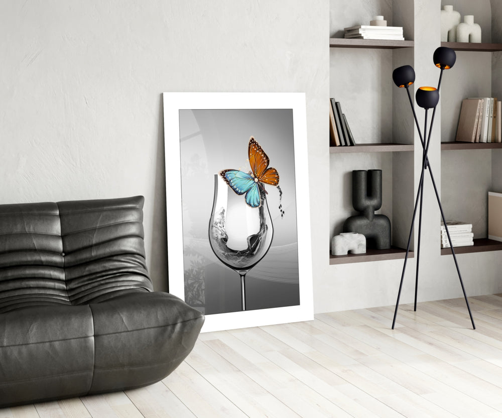 Wine Butterfly glass print enhancing a creative office with cinematic drama