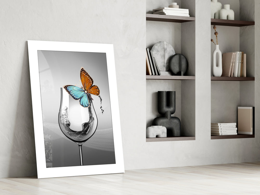 Wine Butterfly artwork anchoring a wall with bold conceptual palette