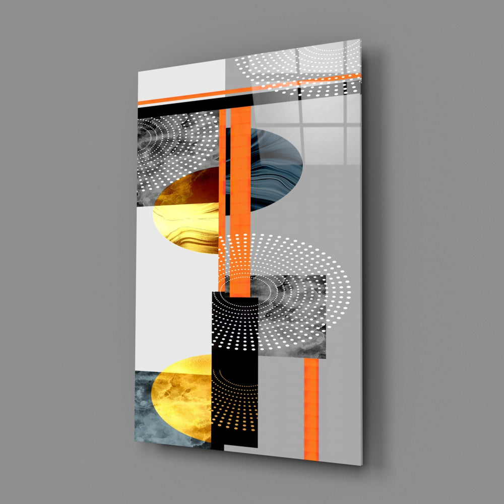 Close-up detail of orange ribbons crossing dotted halftone half-circles