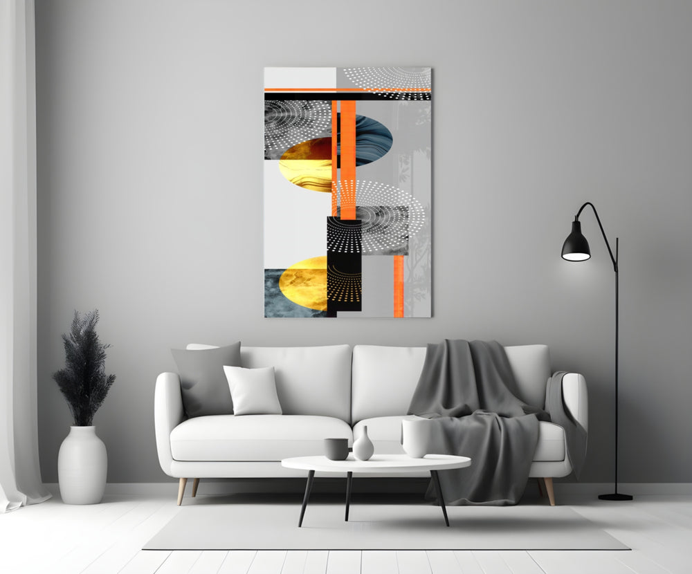 Geo Stack glass wall art styled above a desk in a creative office