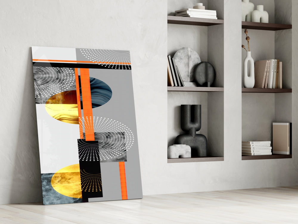 Geo Stack artwork anchoring a wall with bold modern palette