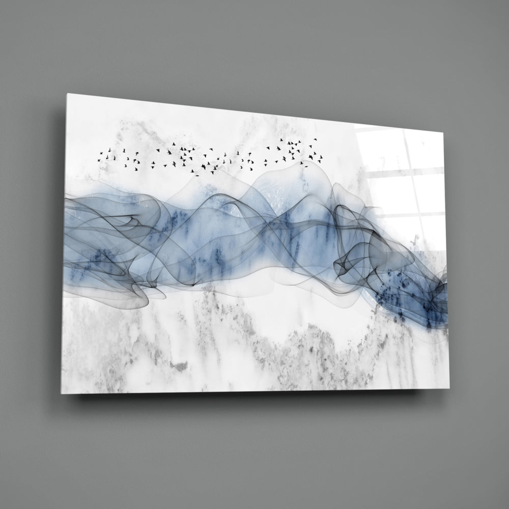 Close-up detail of cobalt ink drift with scattering birds