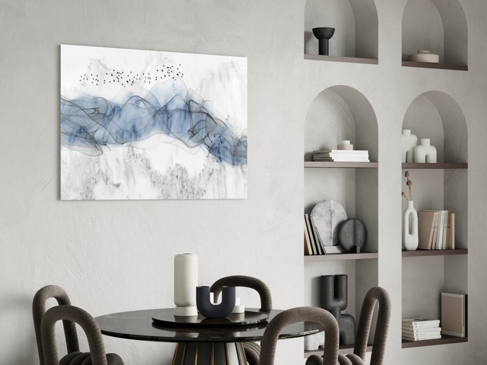 Ink Drift glass print enhancing a bedroom with editorial spirit