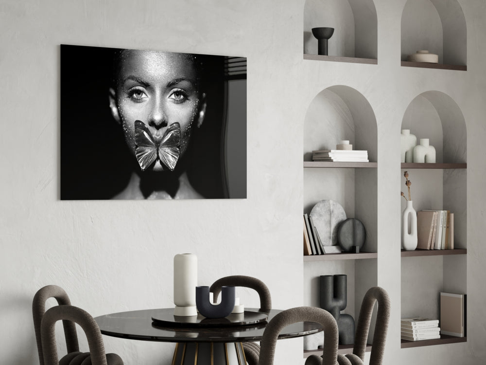 Butterfly Lips glass print enhancing a foyer with cinematic drama