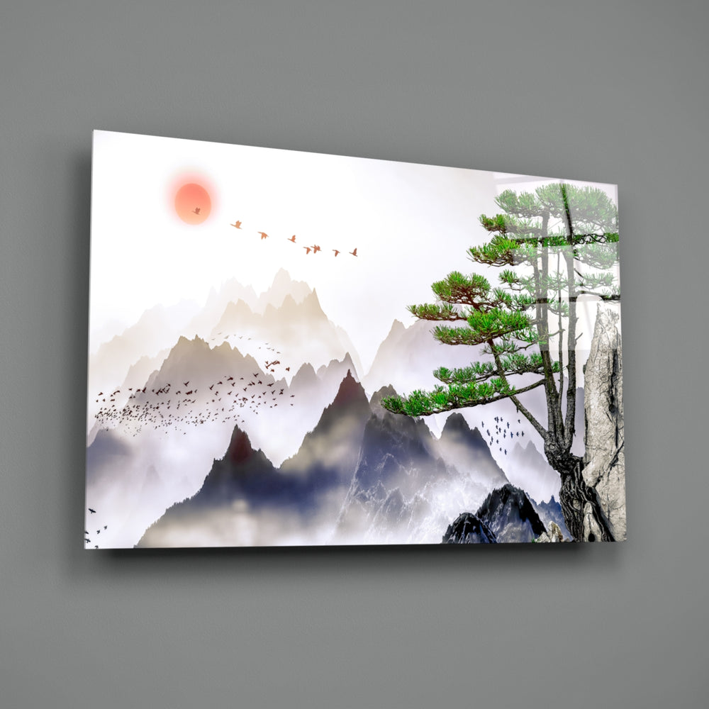 Close-up detail of vermilion sun and cranes above the pine