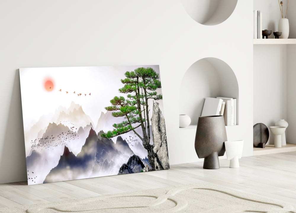 Mountain Pine glass wall art styled above a sofa in a living room