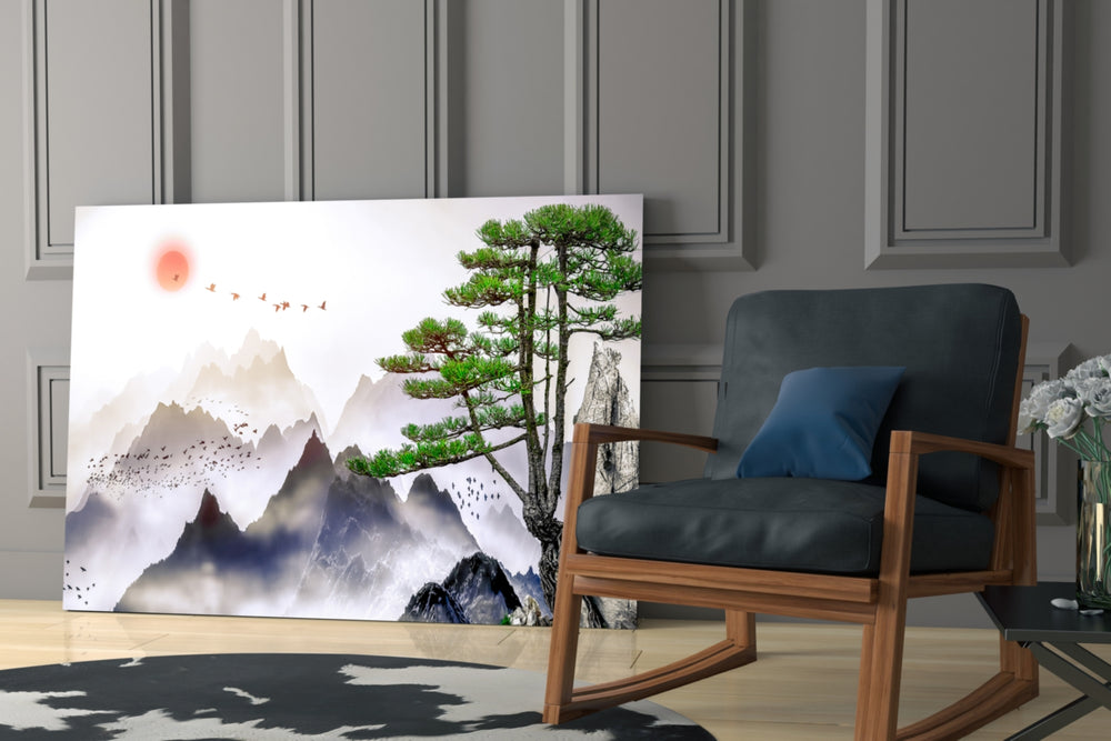 Mountain Pine artwork anchoring a wall with serene oriental palette