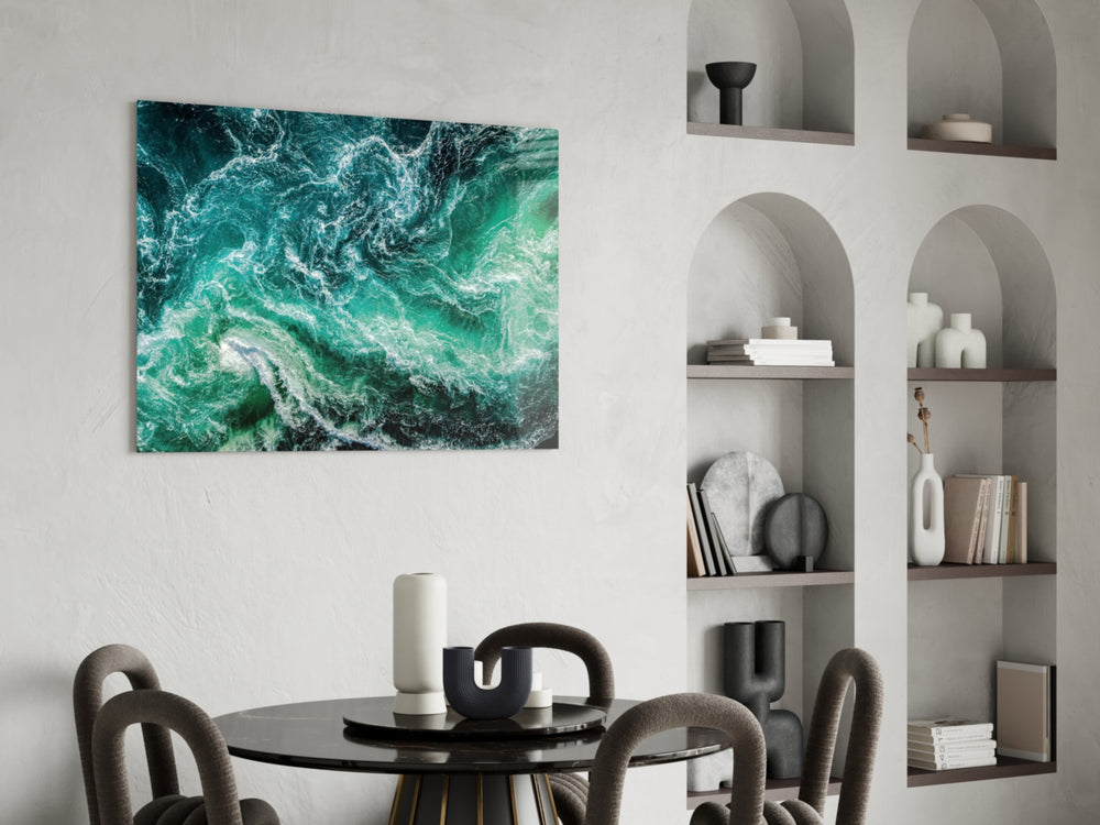 Ocean glass print enhancing a foyer with editorial drama