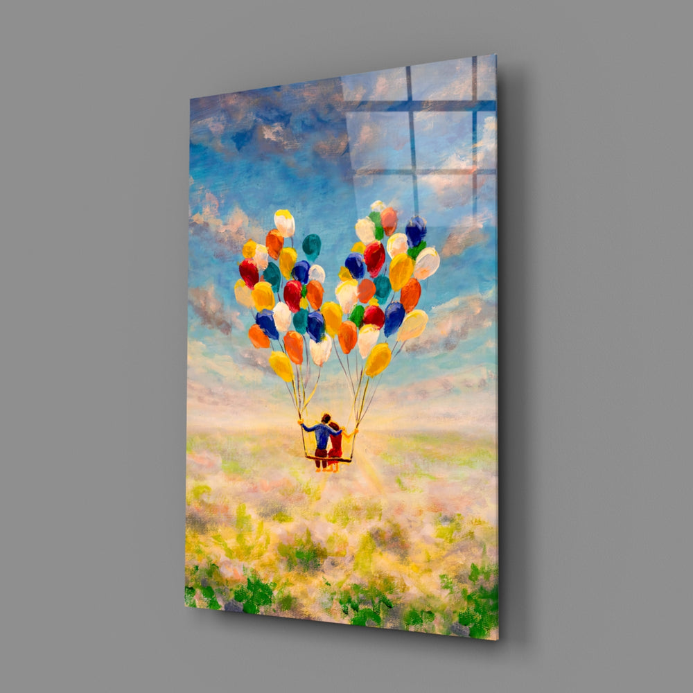 Close-up detail of multicolor balloon bouquet above the basket