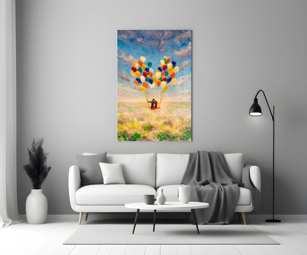 Balloons glass wall art styled above a bed in a child's room