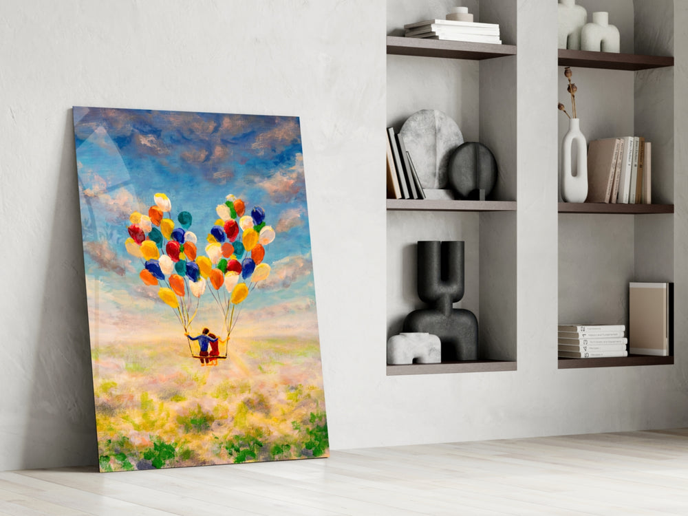 Balloons artwork anchoring a wall with whimsical dreamy palette