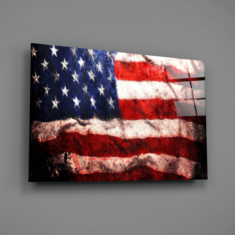 Close-up detail of paint-cracked stars and stripes