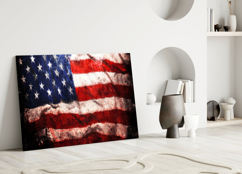 American Flag glass wall art styled above a desk in a man's office