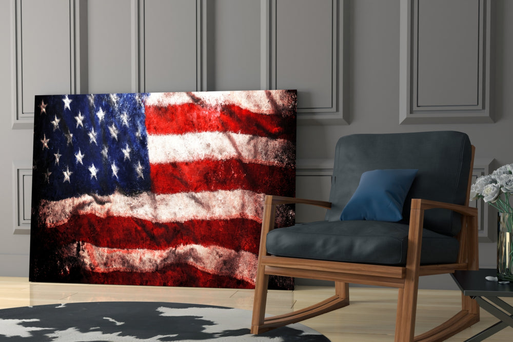 American Flag artwork anchoring a wall with bold heritage palette