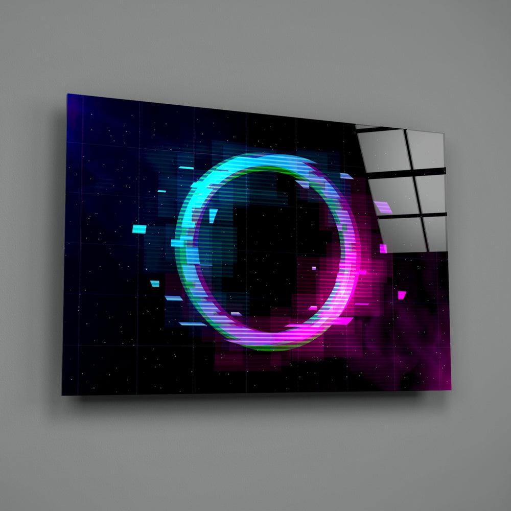 Close-up detail of teal and magenta neon glow on dark grid