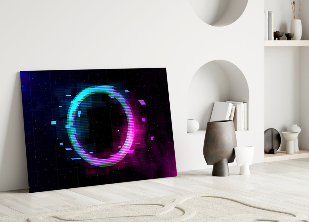 Neon Ring glass wall art styled above a desk in a games room