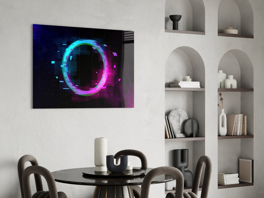 Neon Ring glass print enhancing a creative office with editorial drama
