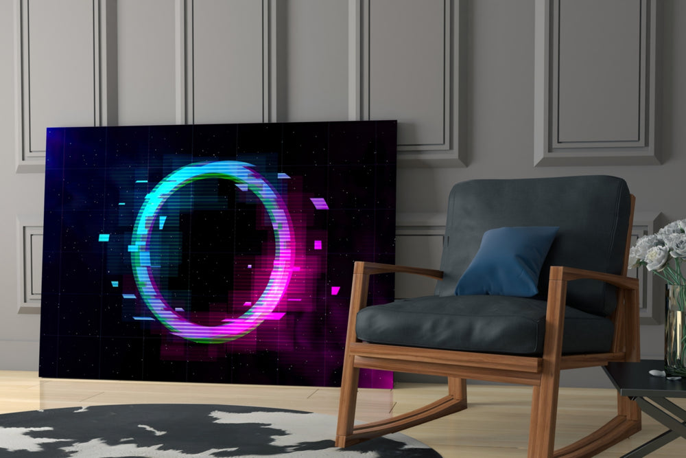 Neon Ring artwork anchoring a wall with bold retro-futurist palette