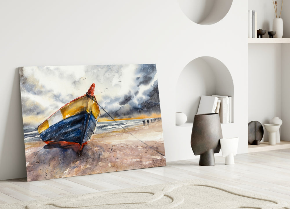 Fishing Boat glass wall art styled above a sofa in a living room