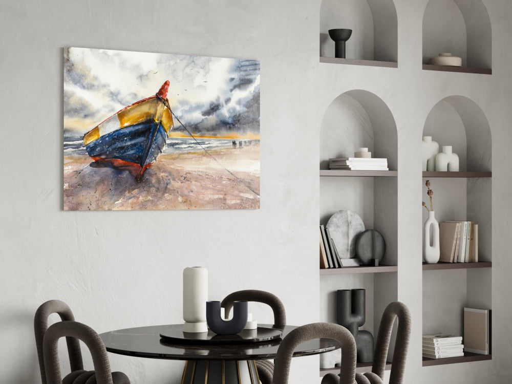 Fishing Boat glass print enhancing a foyer with editorial drama