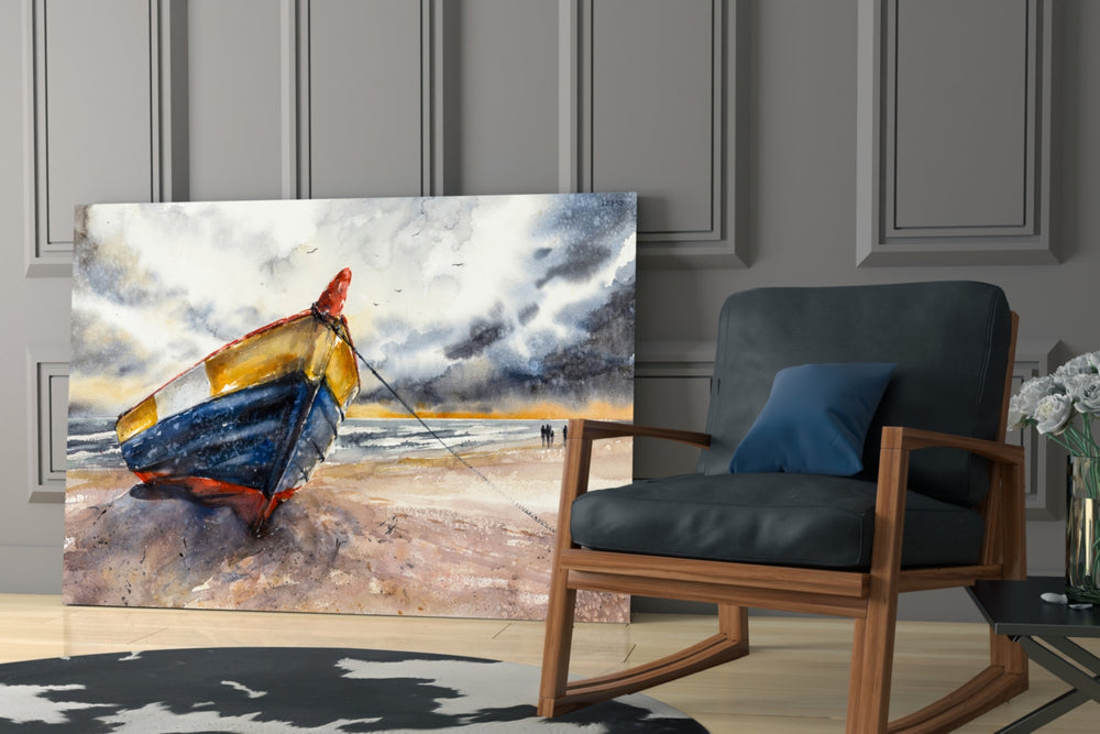 Fishing Boat artwork anchoring a wall with moody coastal palette