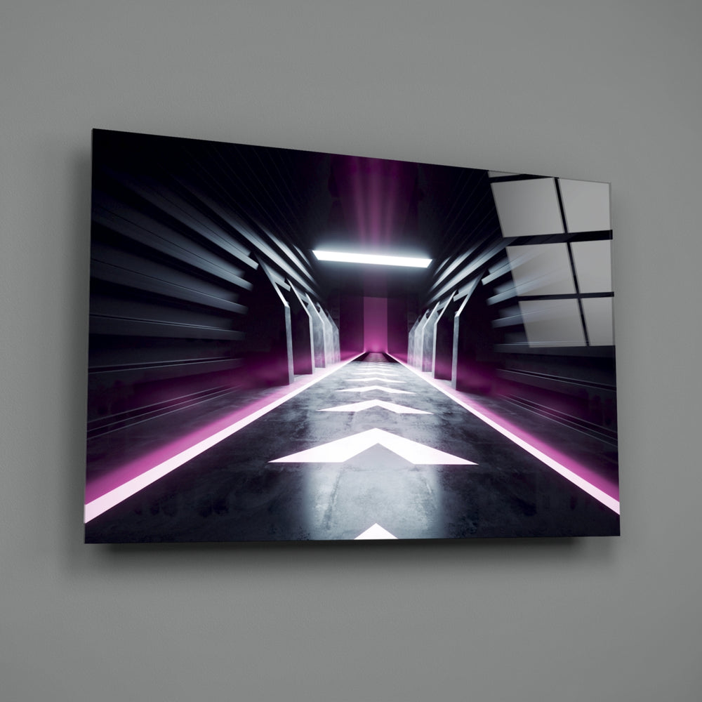 Close-up detail of glowing arrows down the corridor