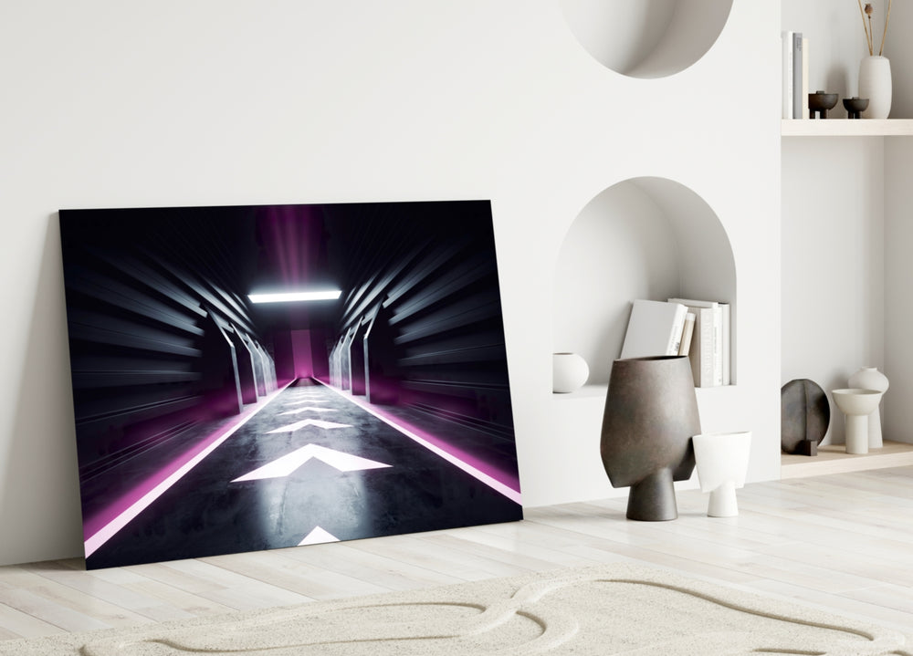 Neon Tunnel glass wall art styled above a desk in a games room