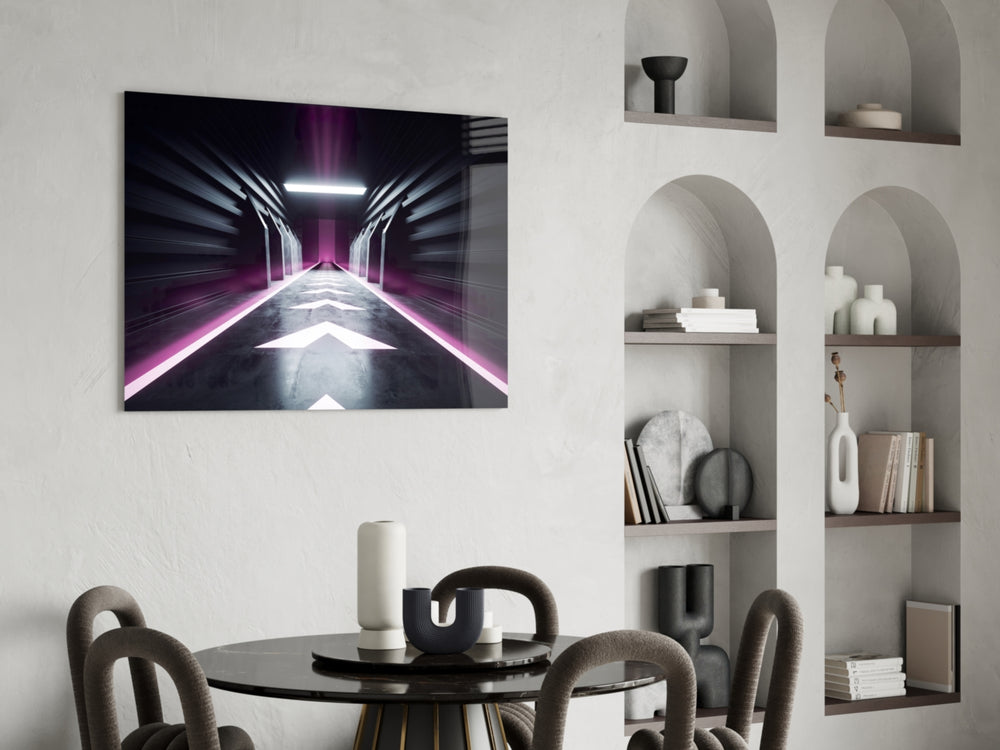 Neon Tunnel glass print enhancing a creative office with editorial drama