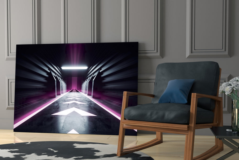 Neon Tunnel artwork anchoring a wall with bold futurist palette