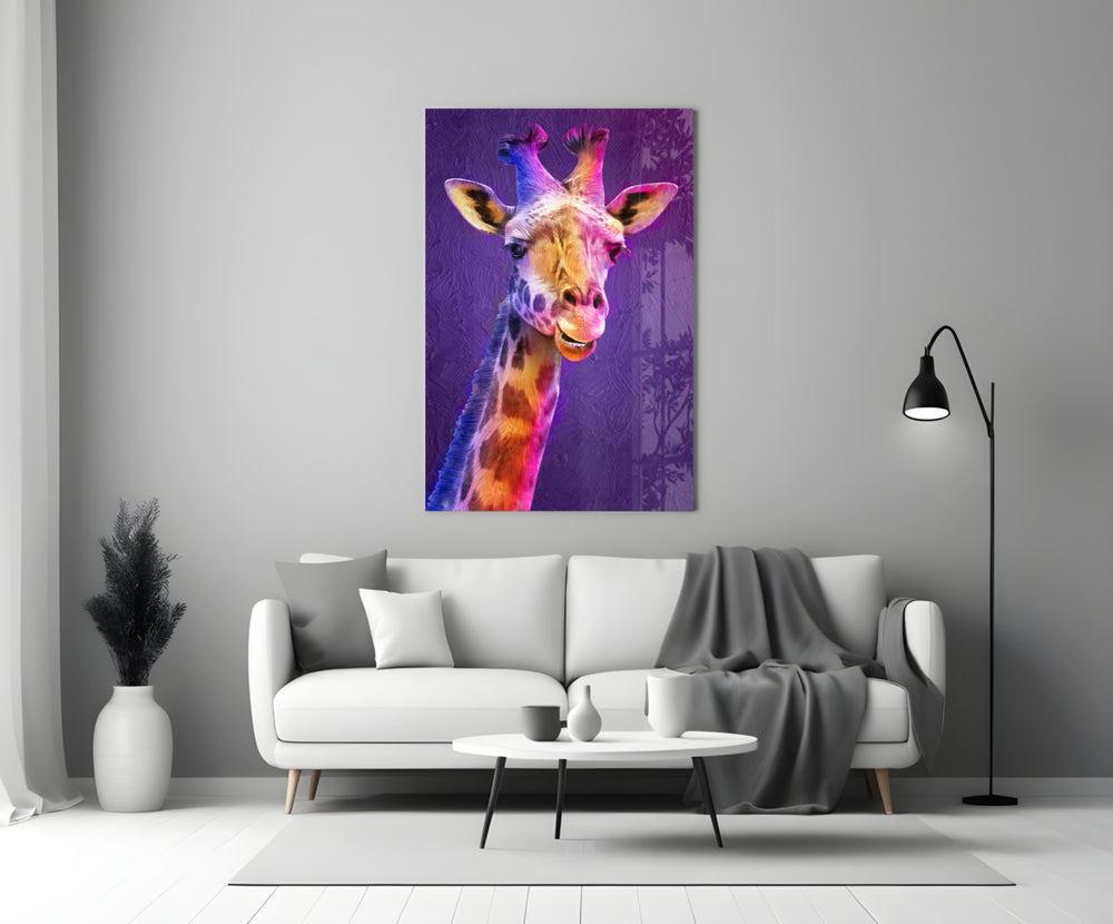 Giraffe glass wall art styled above a bed in a child's room